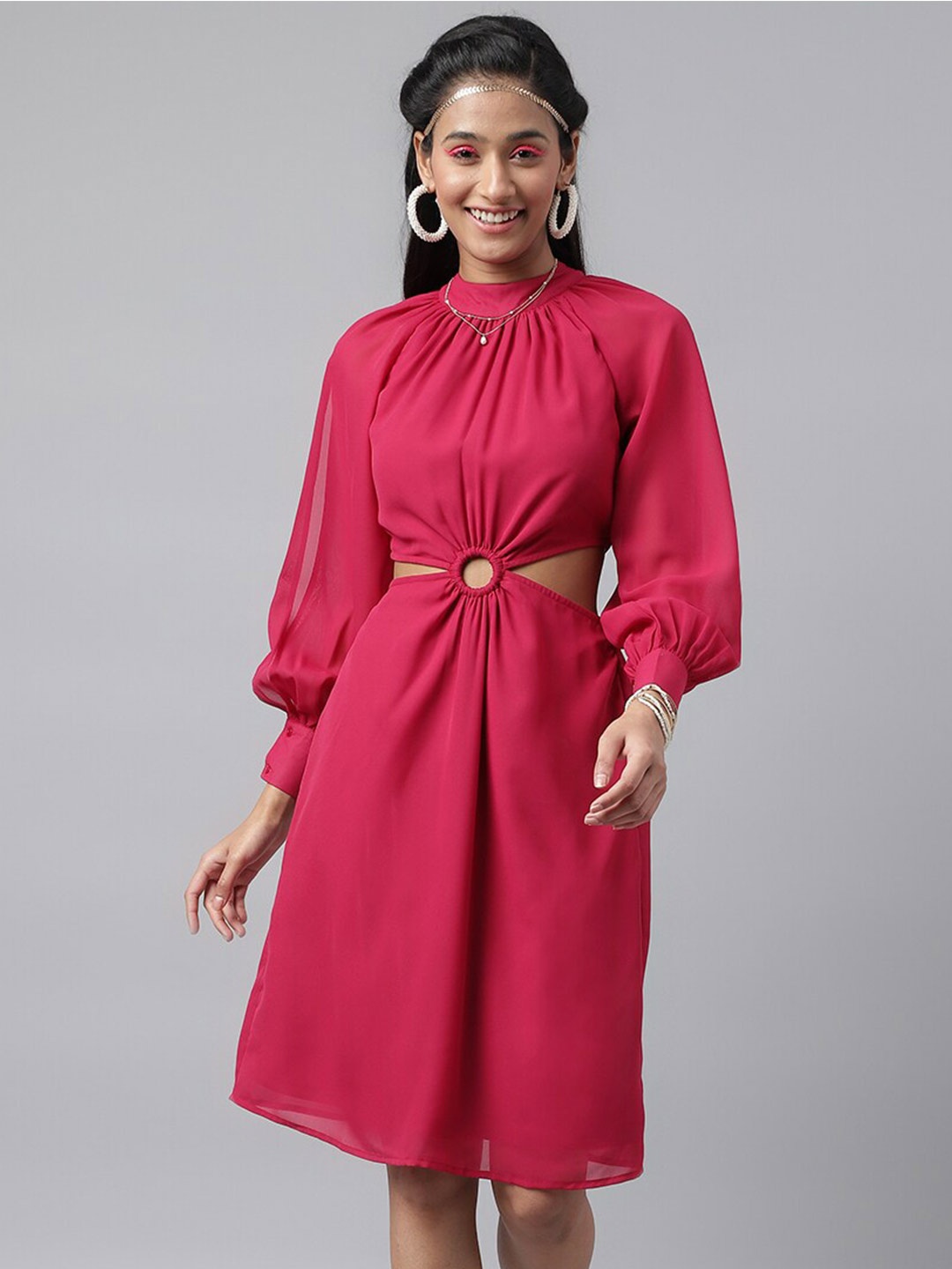 

pinwheel Cuffed Sleeves Cut-Out Georgette A-Line Dress, Pink