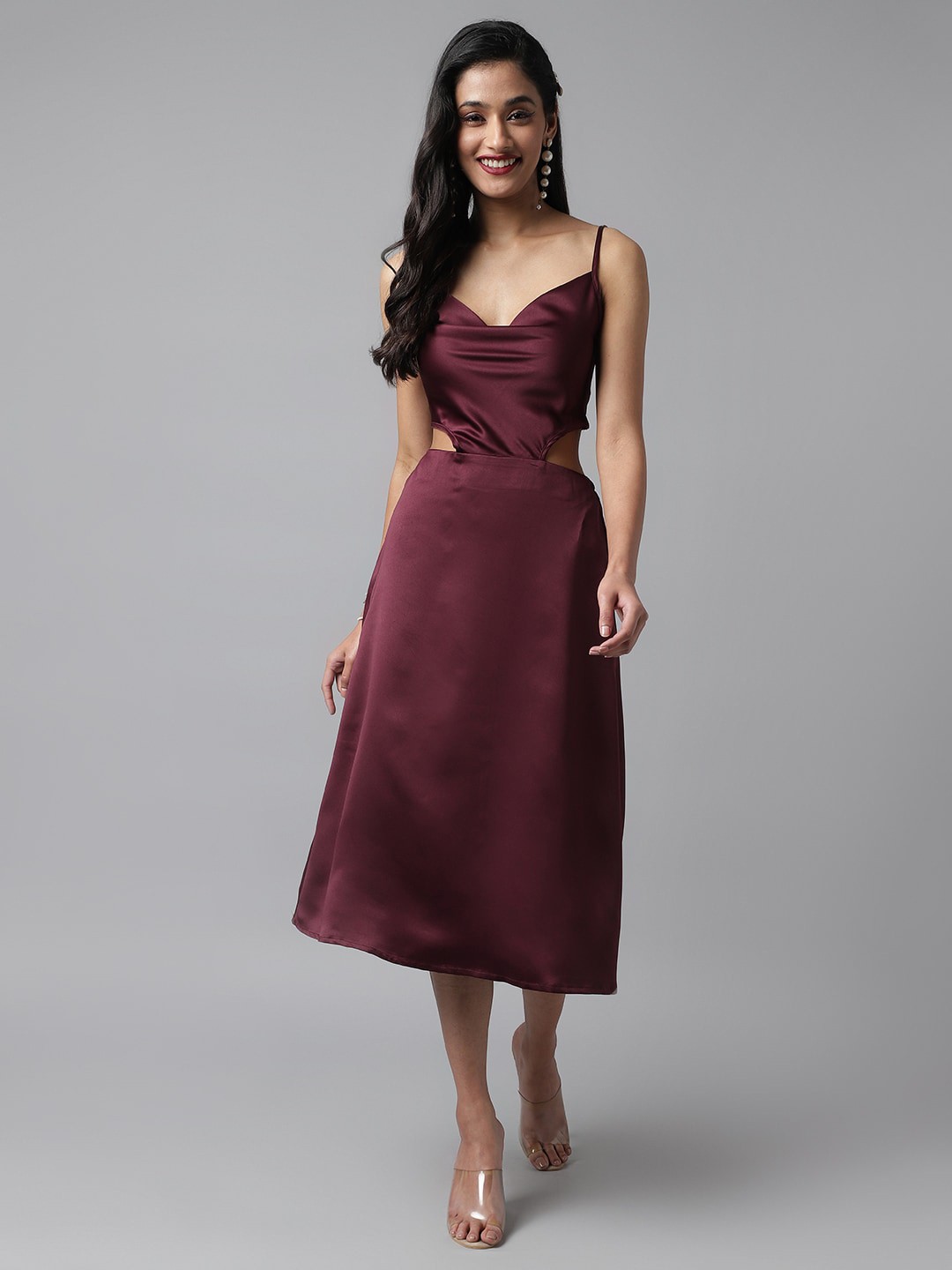 

pinwheel Shoulder Strap Cut-Out Satin Fit & Flare Midi Dress, Burgundy