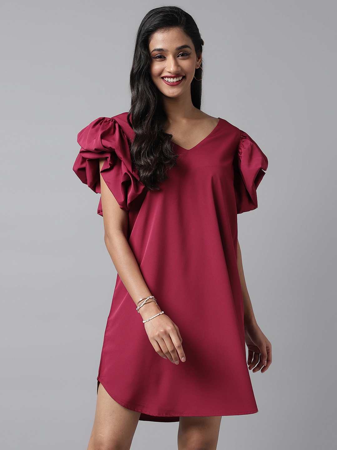 

pinwheel Puff Sleeves V-Neck A-Line Dress, Burgundy