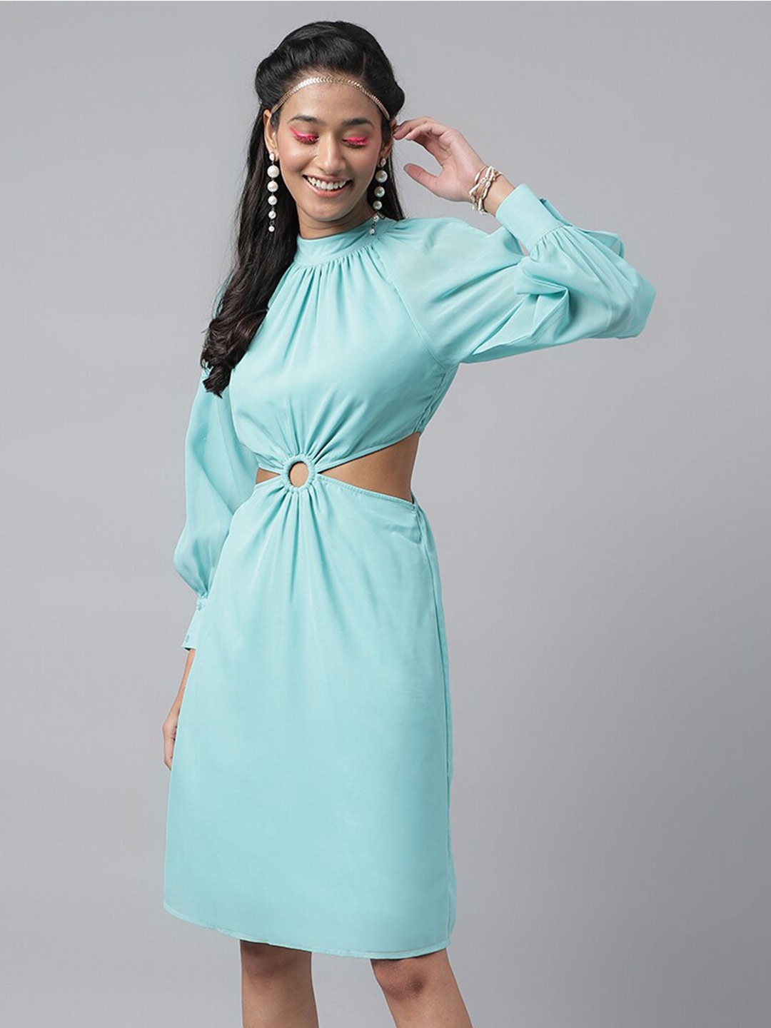 

pinwheel Cuffed Sleeves Cut-Out Georgette A-Line Dress, Turquoise blue