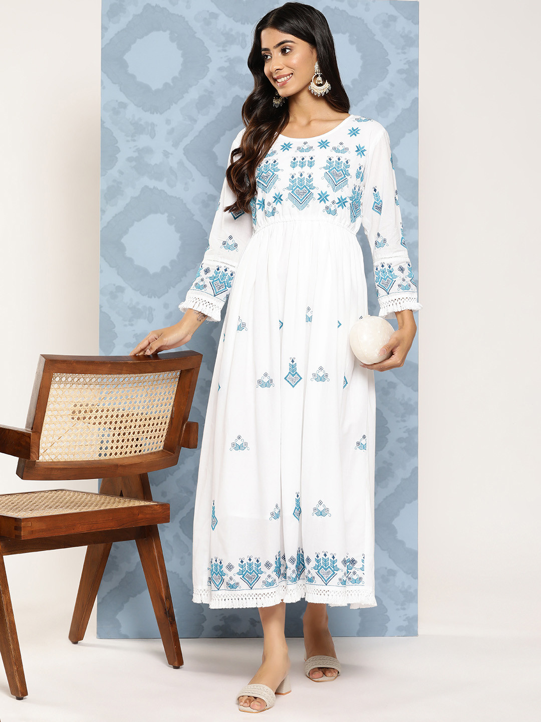 

Indo Era Ethnic Motifs Embroidered A-Line Midi Dress, White