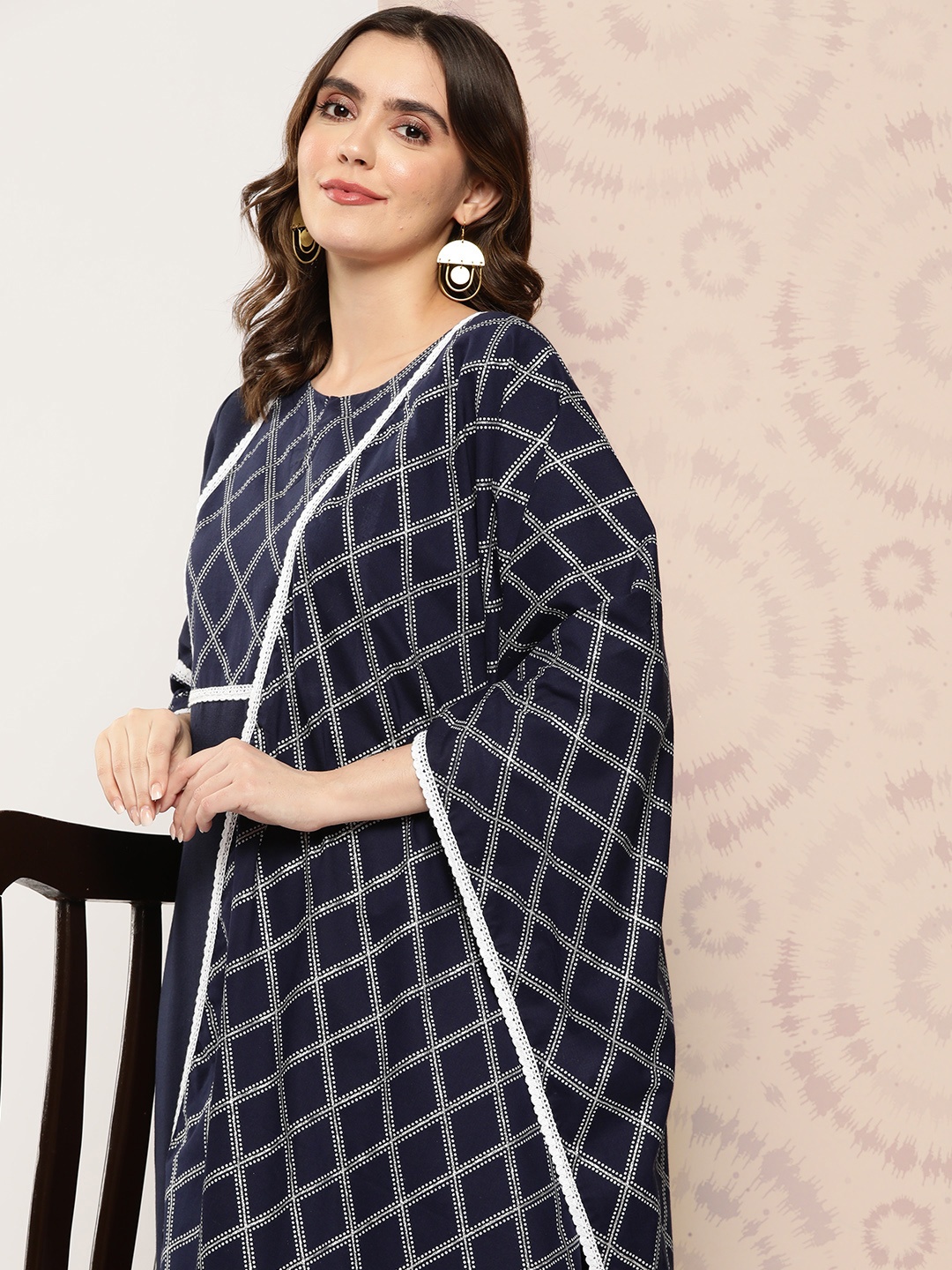 

Indo Era Yoke Design Regular Kurta With Trousers & Dupatta, Navy blue