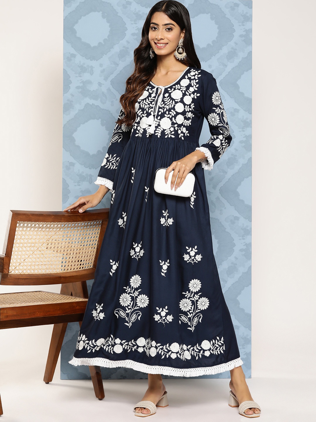 

Indo Era Floral Embroidered Tie-Up Neck A-Line Midi Dress, Navy blue