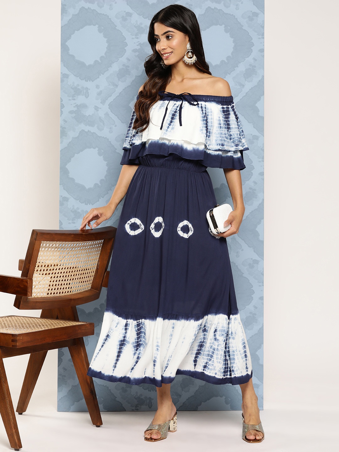 

Indo Era Tie & Dye Off-Shoulder Flared Sleeves A-Line Midi Dress, Navy blue