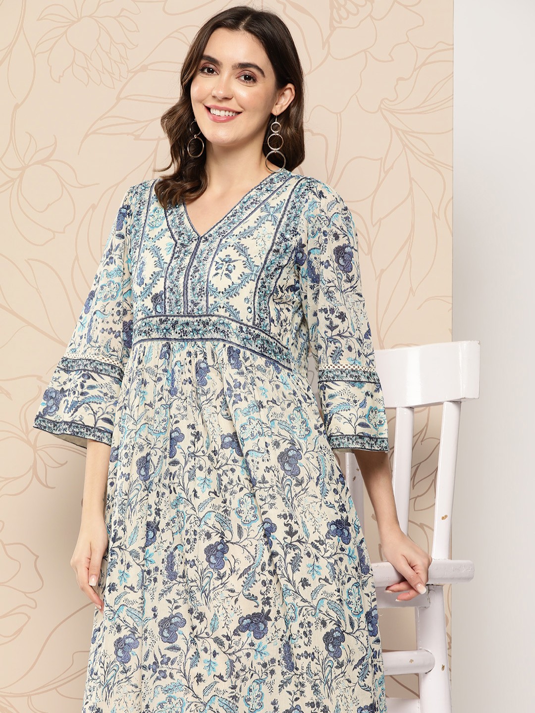 

Indo Era Floral Printed Sequinned Flared Sleeves A-Line Dress, Blue