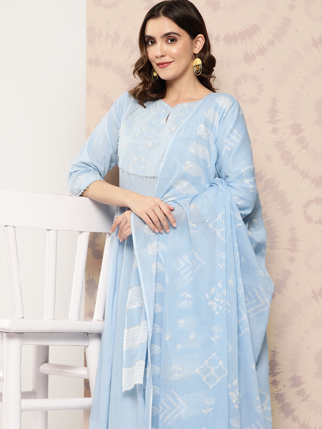 

Indo Era Floral Yoke Design Regular Gotta Patti Pure Cotton Kurta With Trousers & Dupatta, Blue