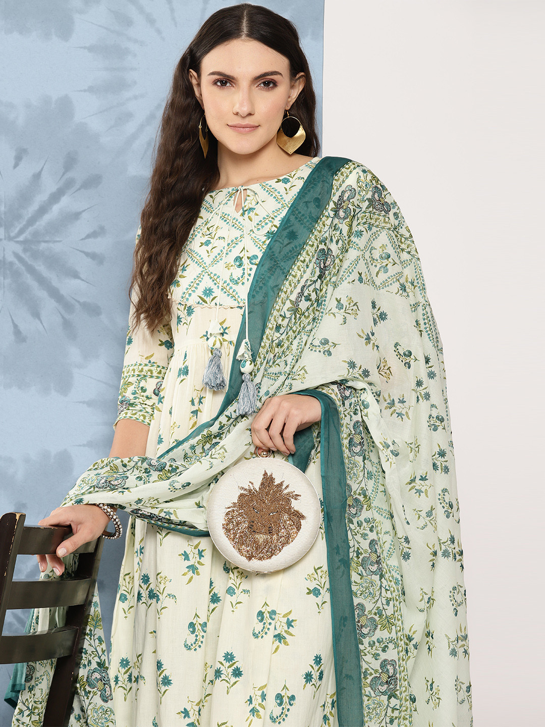 

Indo Era Floral Printed Empire Kurta with Trousers & With Dupatta, Off white