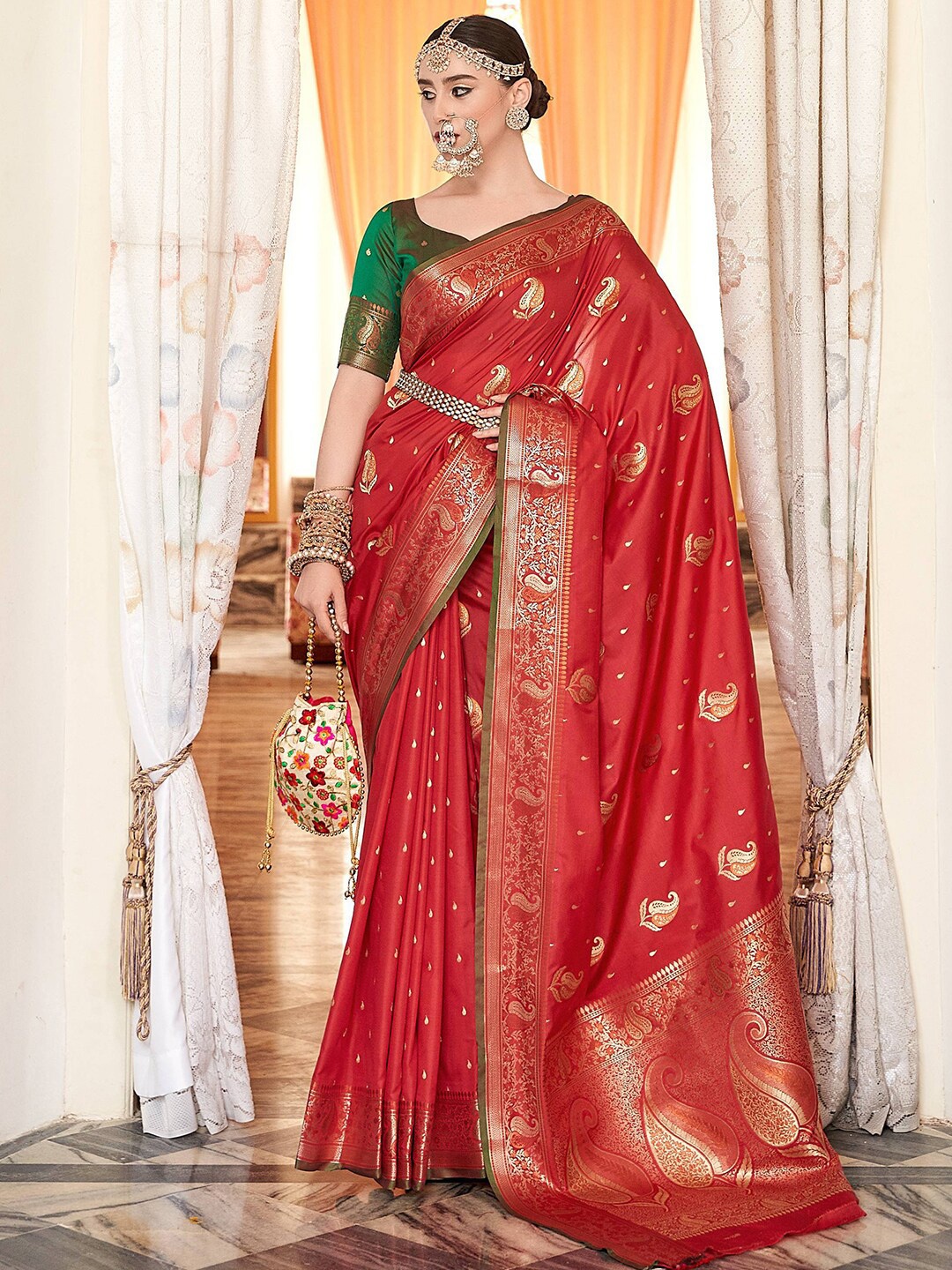 

Satrani Red & Gold Paisley Zari Silk Blend Banarasi Saree