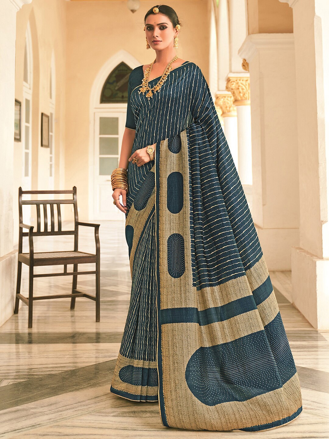 

Satrani Teal Blue & Beige Striped Banarasi Saree