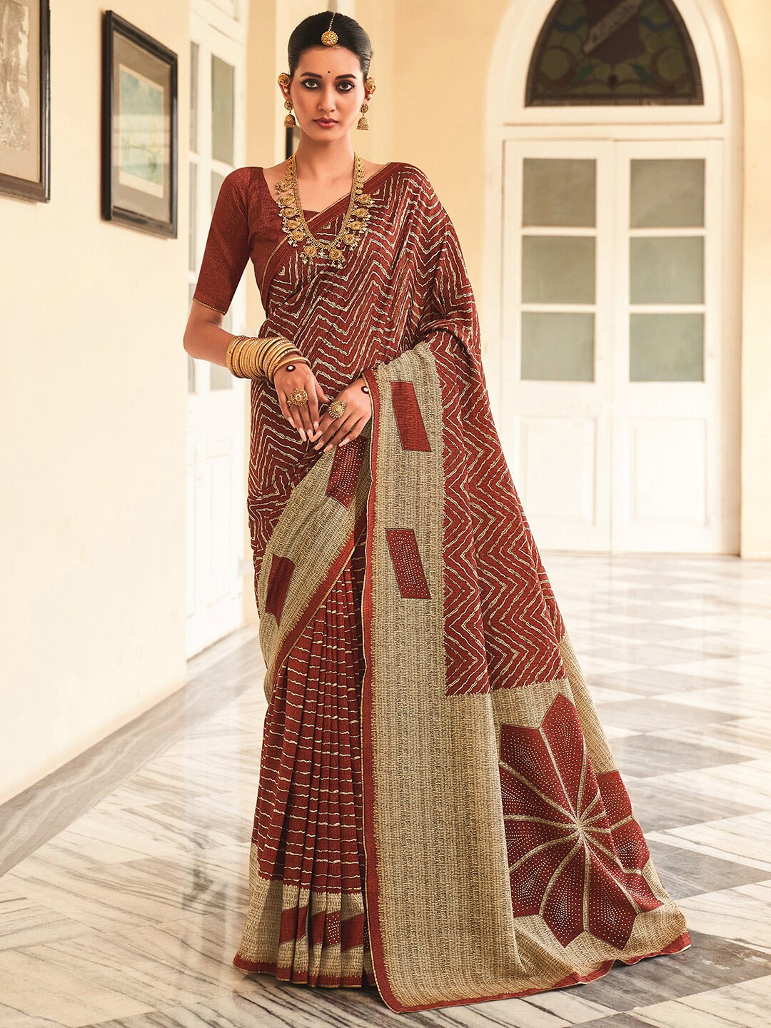 

Satrani Brown & Cream Striped Stone Work Art Silk Banarasi Saree
