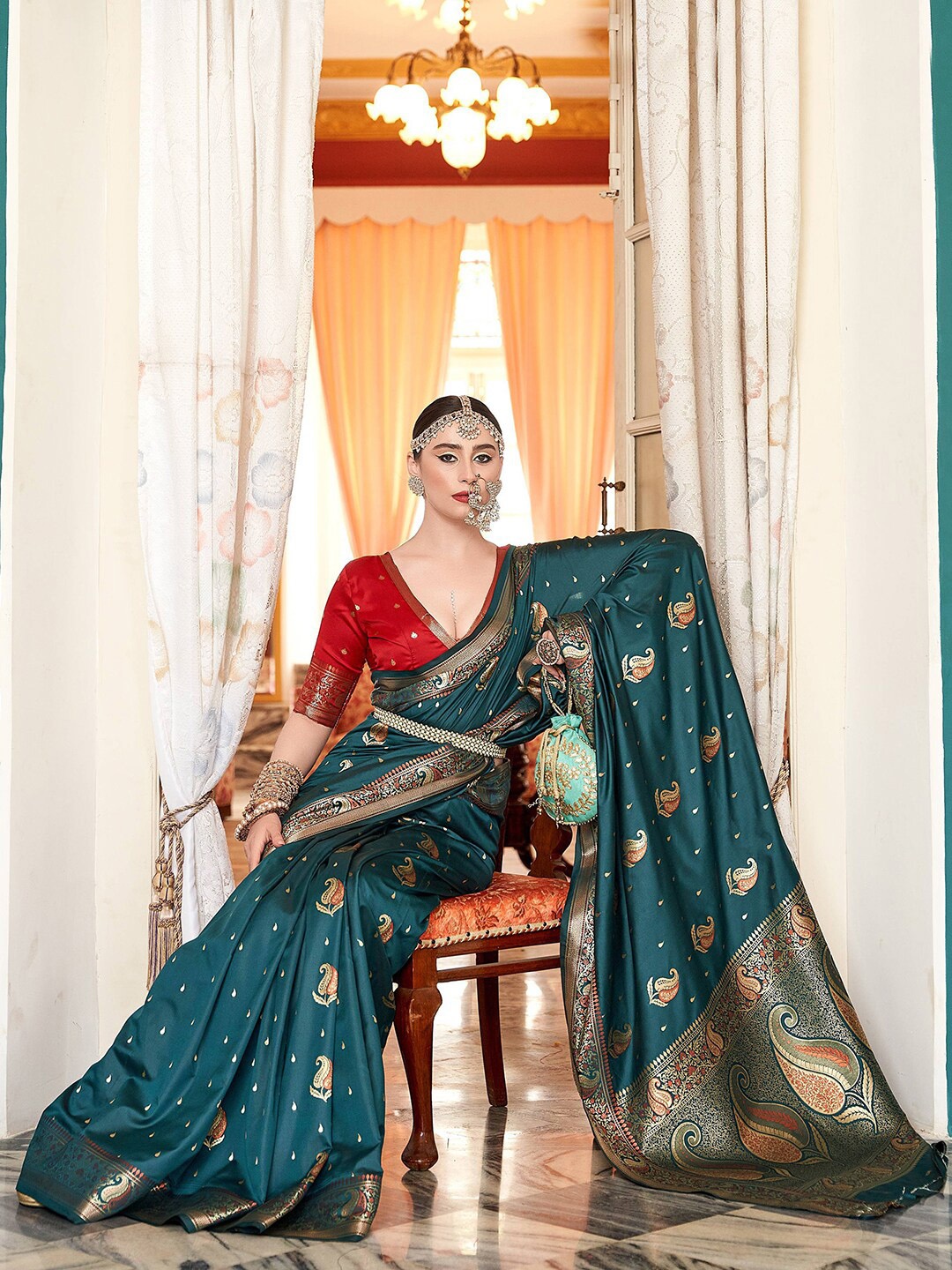 

Satrani Teal & Red Paisley Zari Silk Blend Banarasi Saree