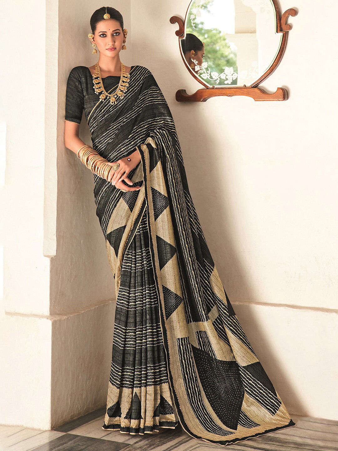 

Satrani Black & Cream Striped Stone Work Art Silk Banarasi Saree