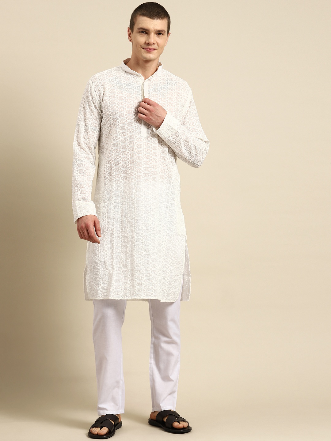 

Molly & Michel Men Embroidered Regular Chikankari Pure Cotton Kurta with Pyjamas, White