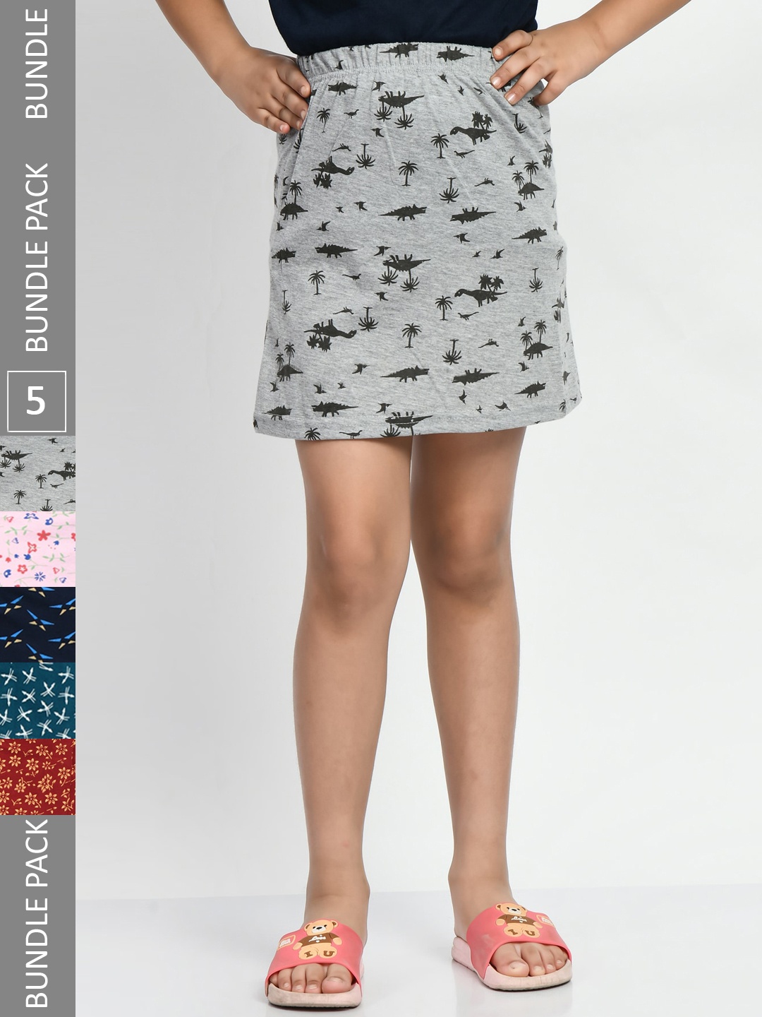 BAESD Girls Pack Of 5 Printed Pure Cotton A-Line Mini Skirts, Grey