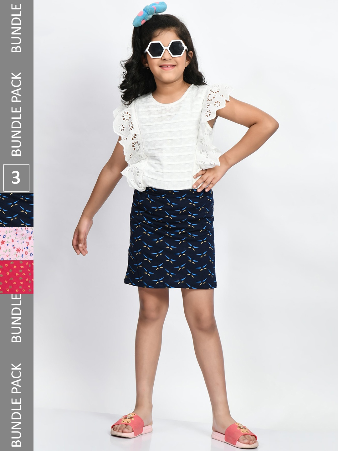 

BAESD Girls Pack Of 3 Printed Cotton Straight Mini Skirts, Navy blue