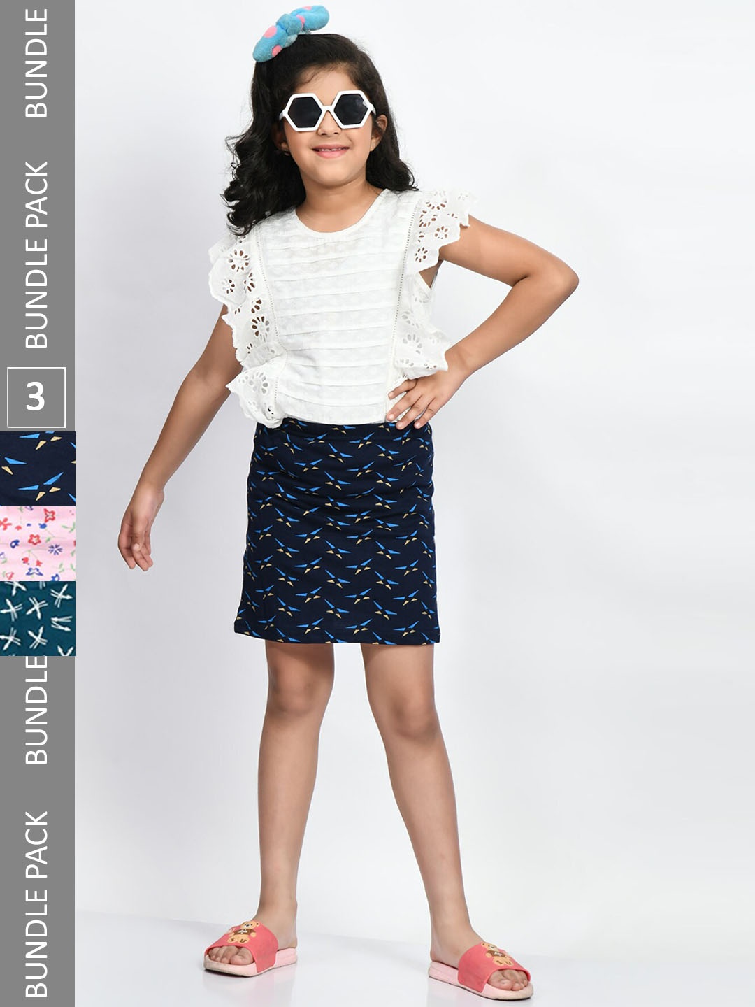 BAESD Girls Pack Of 3 Printed Cotton Straight Mini Skirts, Navy blue