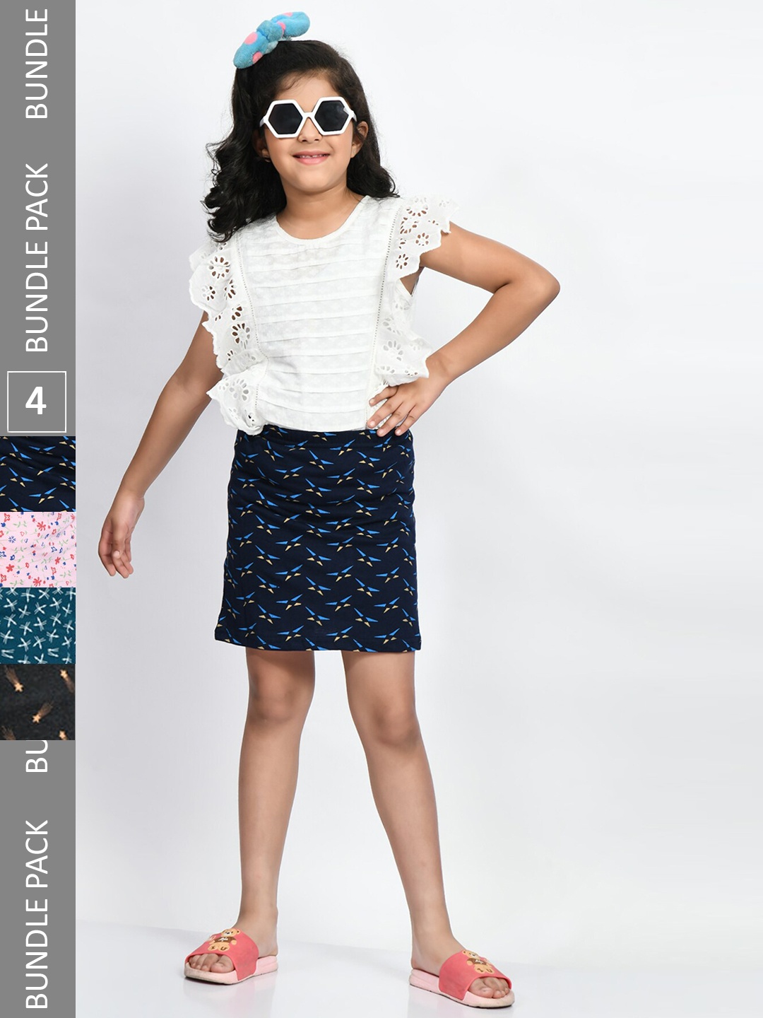

BAESD Girls Pack Of 4 Printed Cotton Straight Mini Skirts, Navy blue