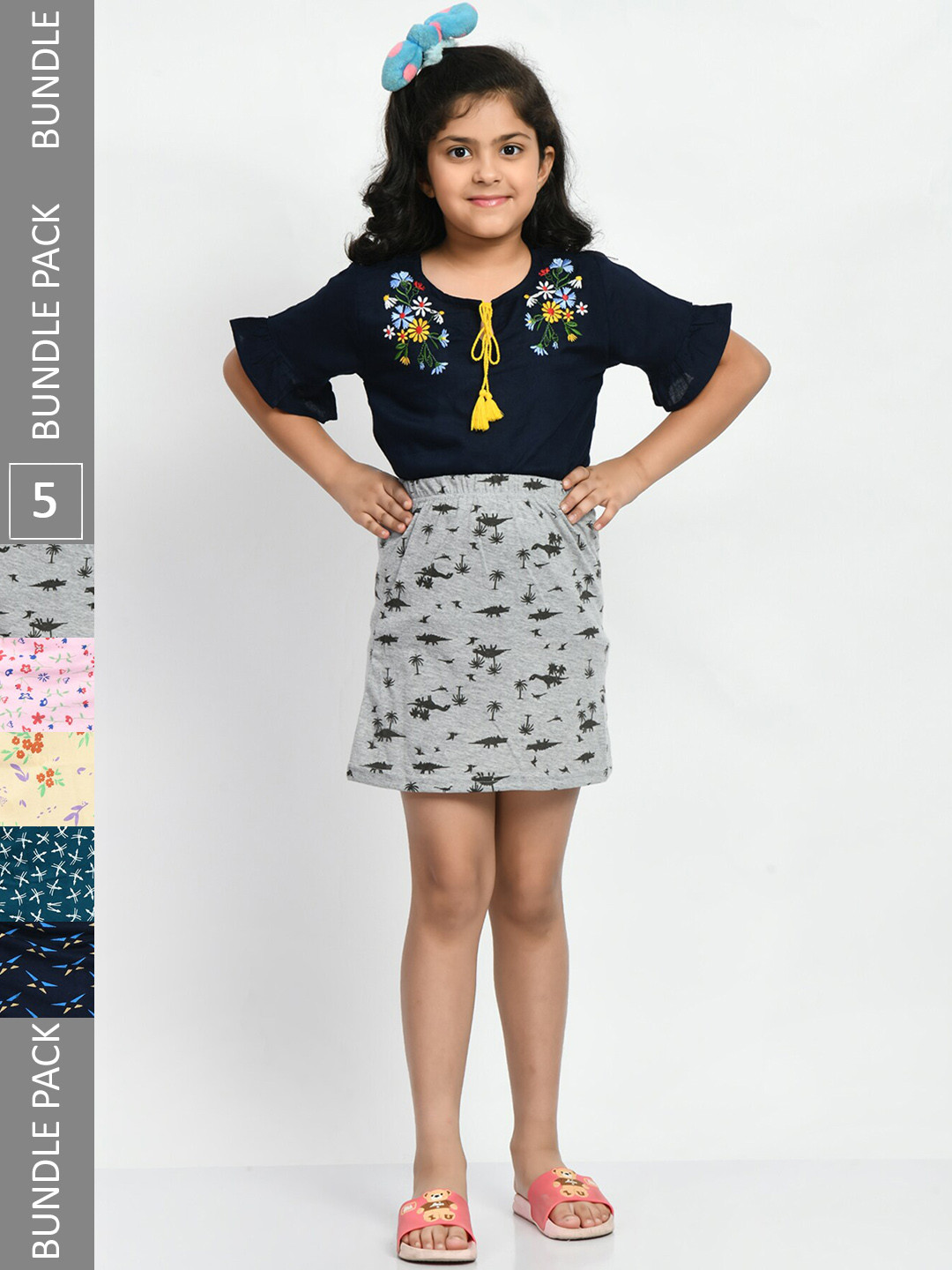 

BAESD Girls Pack Of 5 Printed Pure Cotton A-Line Mini Skirts, Navy blue