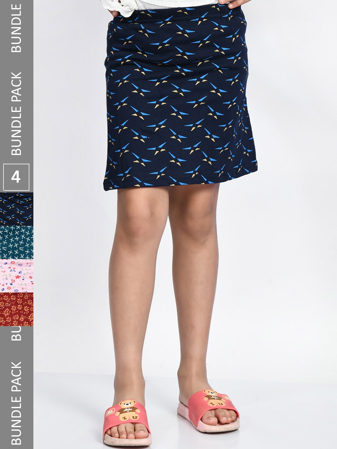 BAESD Girls Pack Of 4 Printed Pure Cotton A-Line Mini Skirts, Navy blue