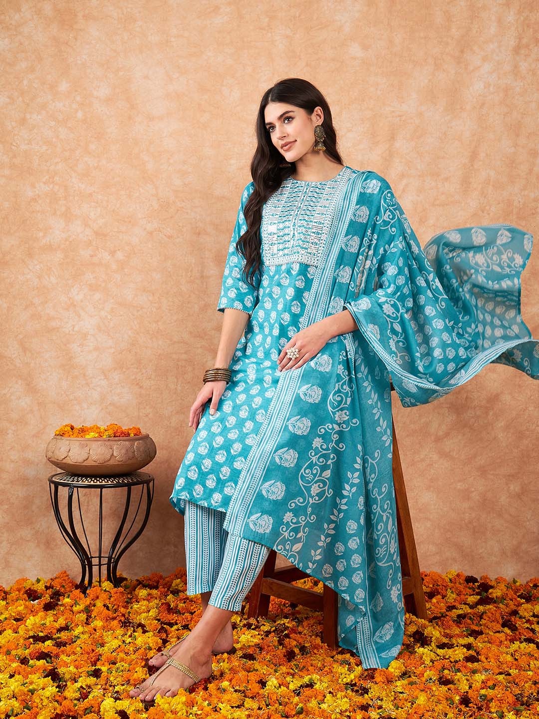 

Indo Era Women Floral Printed Regular Sequinned Pure Cotton Kurta with Trousers & Dupatta, Turquoise blue