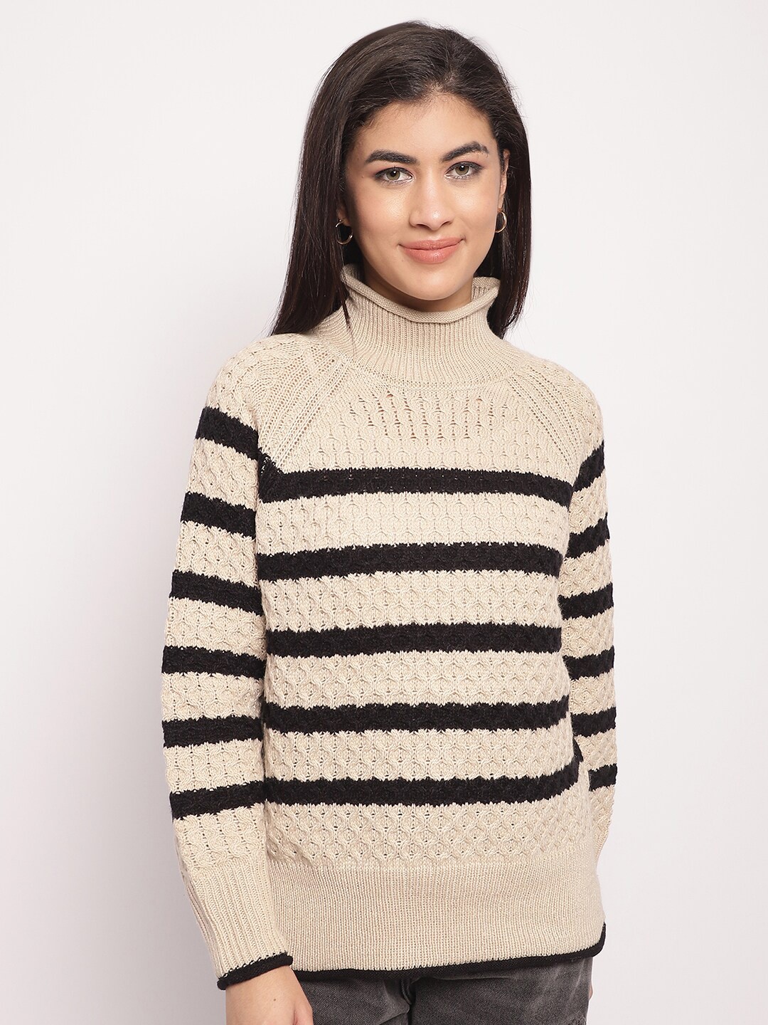 

NoBarr Striped Turtle Neck Acrylic Pullover, Brown
