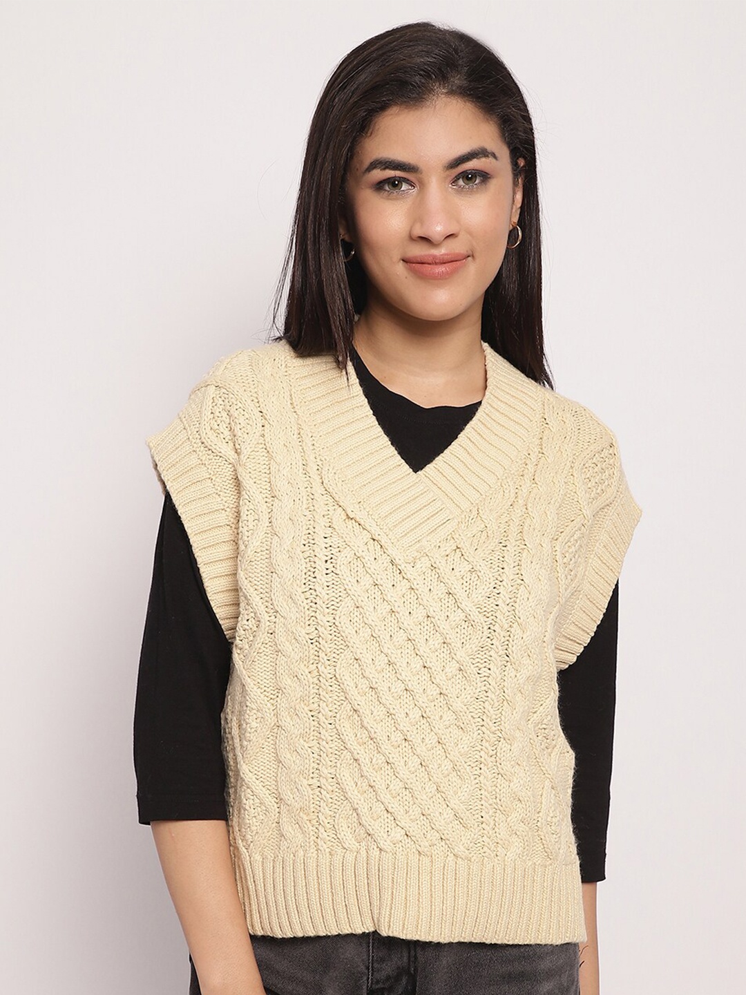 

NoBarr V-Neck Cable Knit Acrylic Sweater Vest, Cream