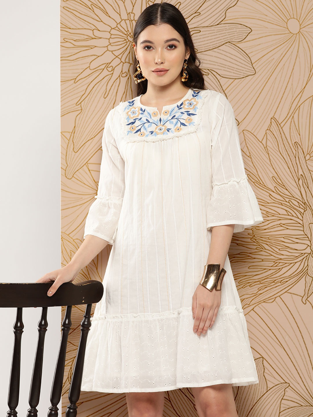 Indo Era Floral Embroidered Bell Sleeves Schiffli A-Line Ethnic Dress, White