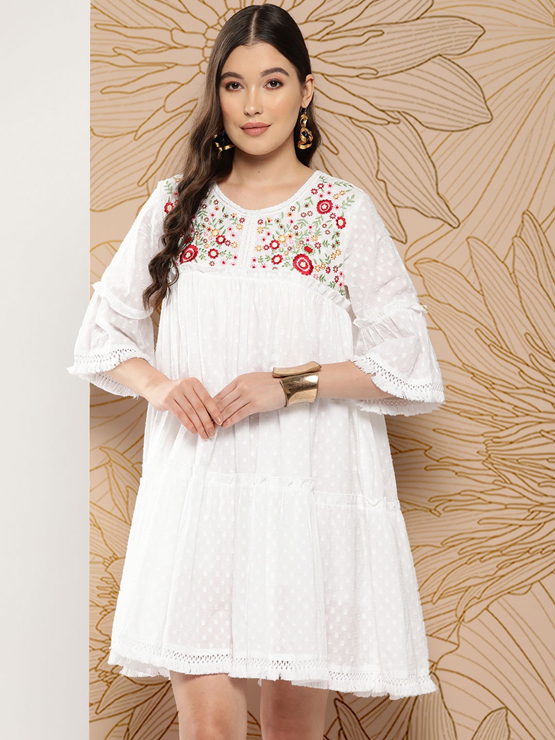 

Indo Era Floral Embroidered Flared Sleeves Fringed A-Line Dress, White