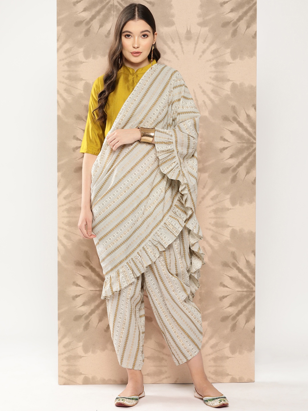 

Indo Era Ethni Motifs Printed Dhoti Saree, Off white