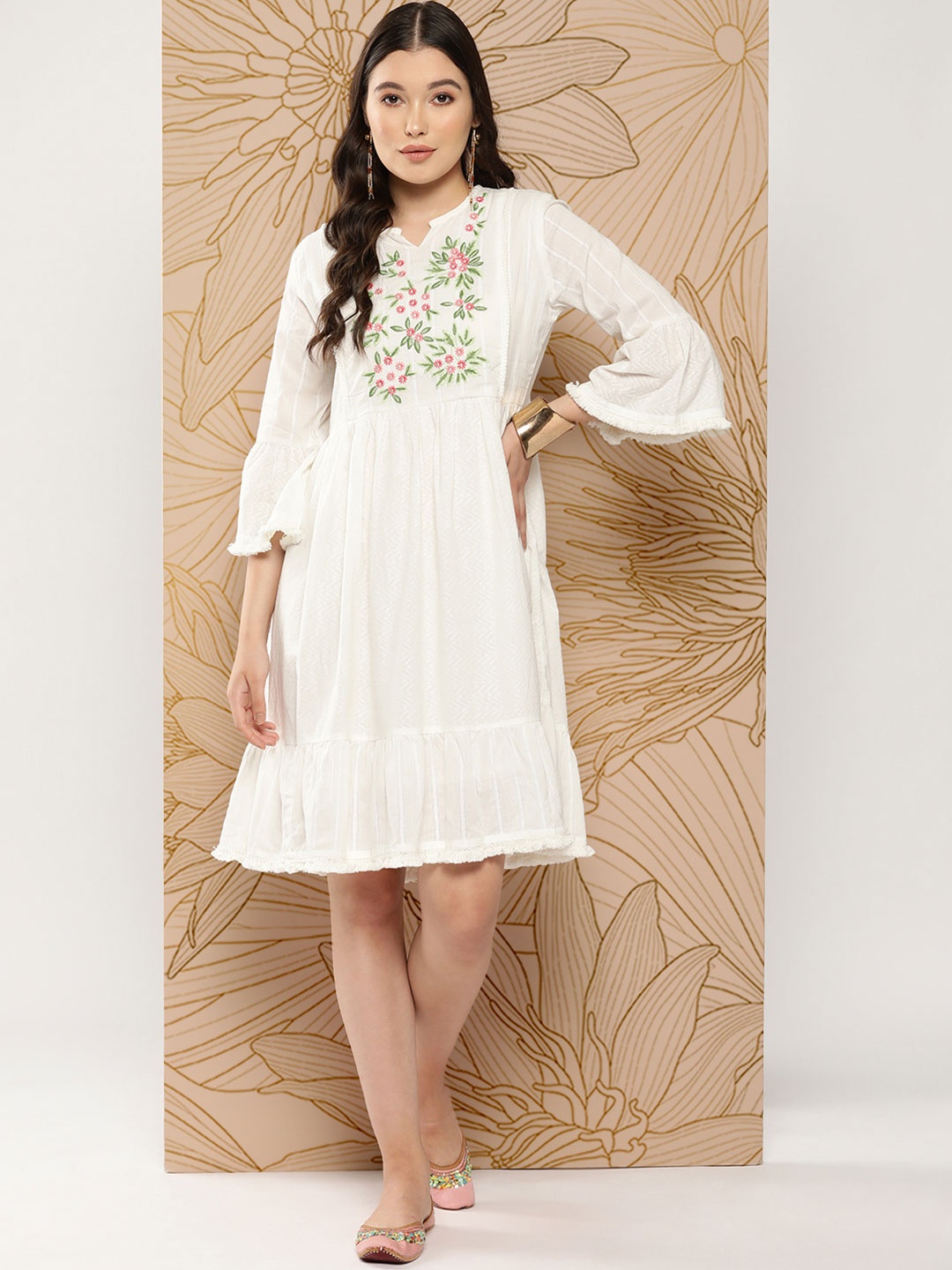 

Indo Era Floral Embroidered Bell Sleeves Fringed A-Line Ethnic Dress, White