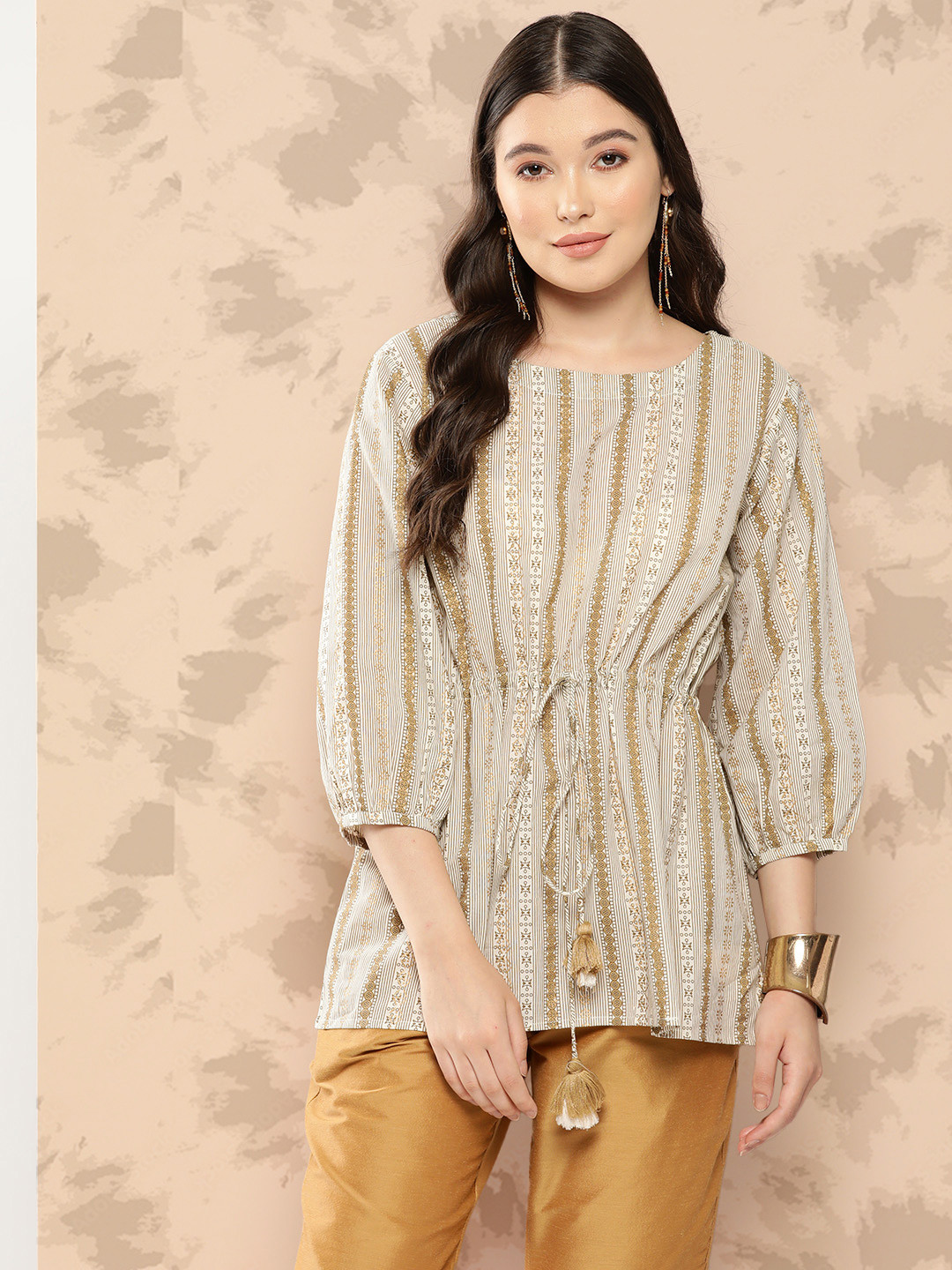 

Indo Era Printed Puff Sleeves Cotton Cambric Longline Top, Off white