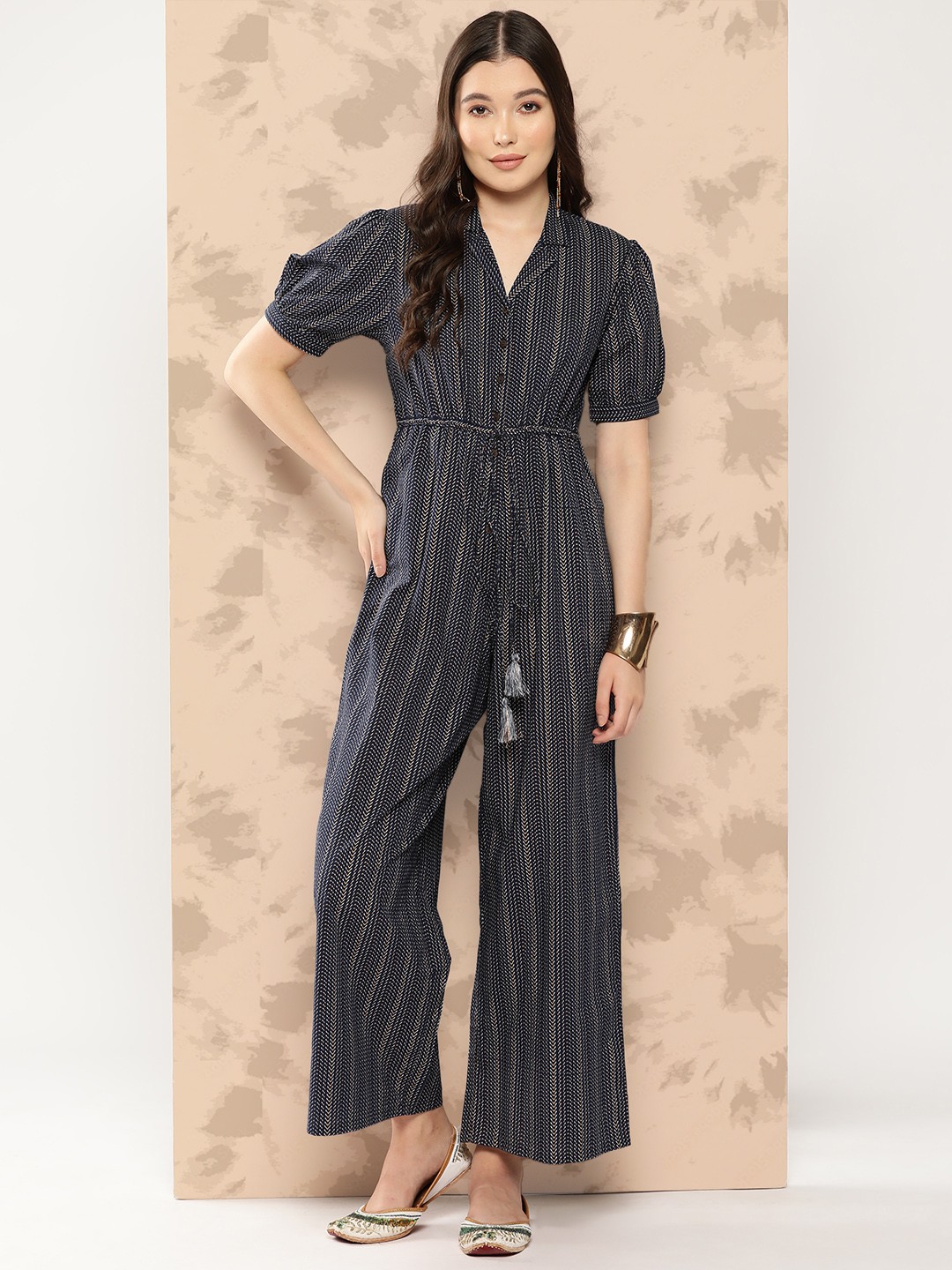 

Indo Era Printed Puff Sleeves Basic Jumpsuit, Navy blue