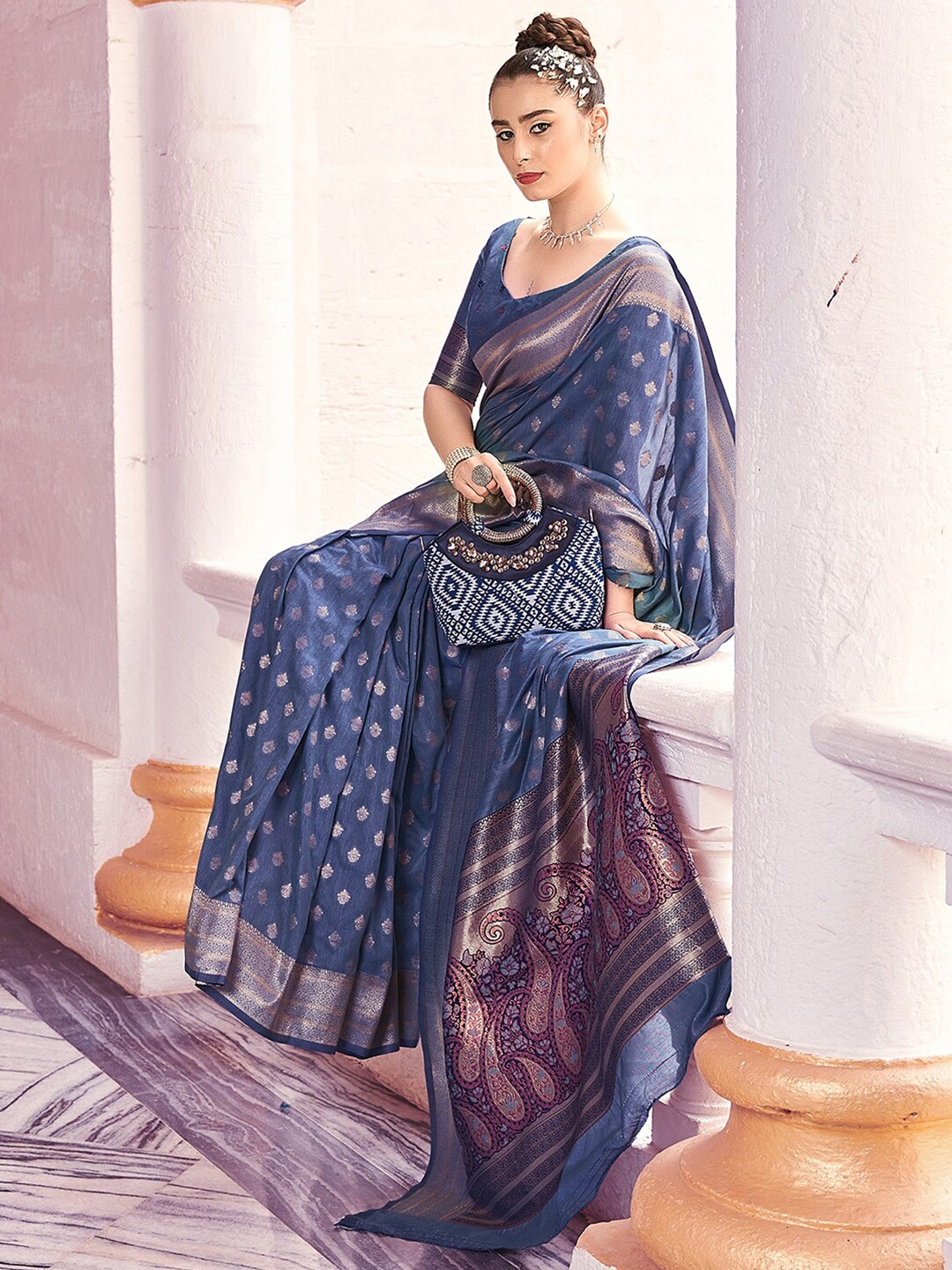 

Satrani Navy Blue & Gold-Toned Ethnic Motif Woven Design Zari Silk Cotton Banarasi Saree