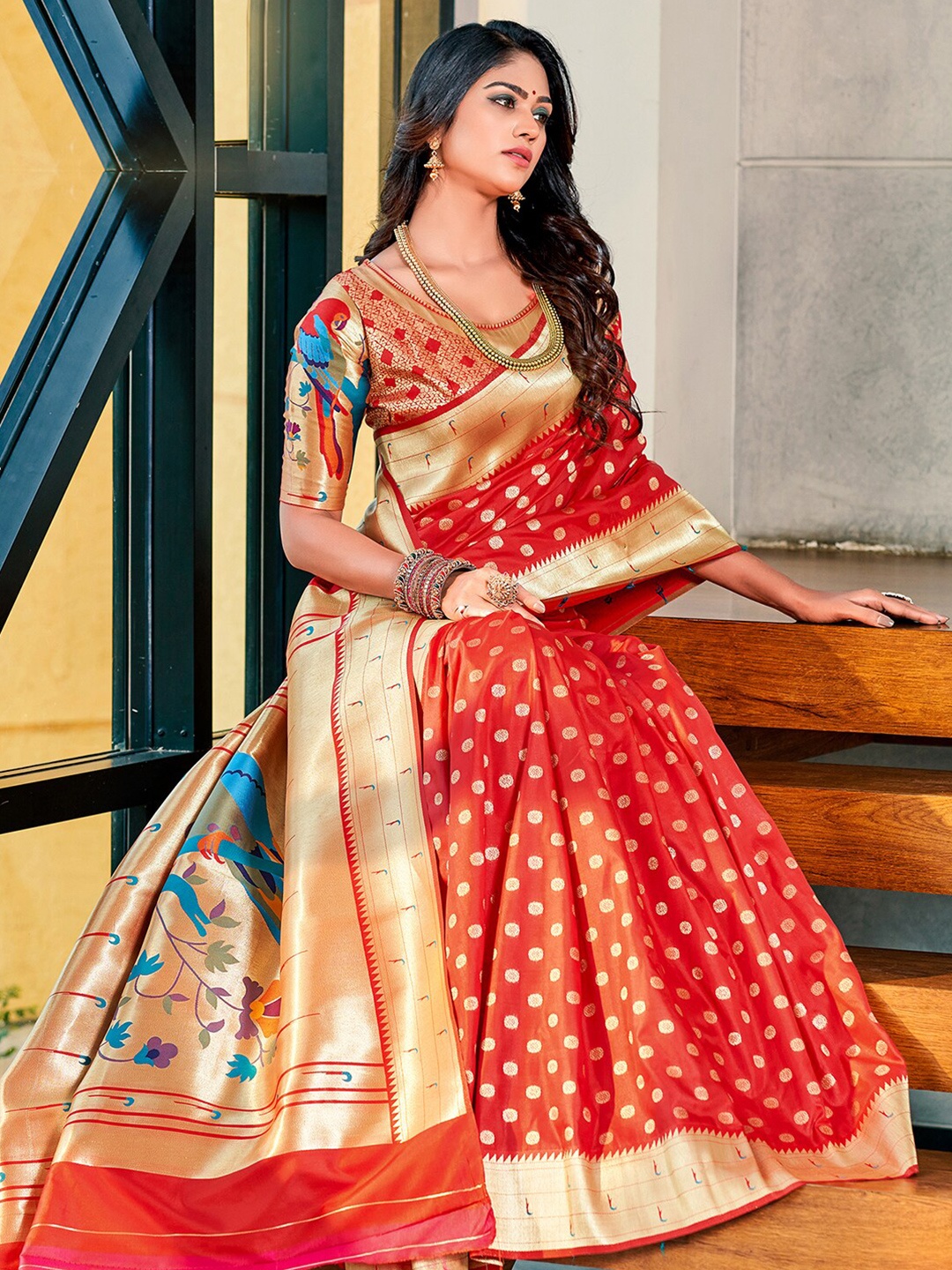

Satrani Red & Blue Ethnic Motif Woven Design Zari Paithani Saree
