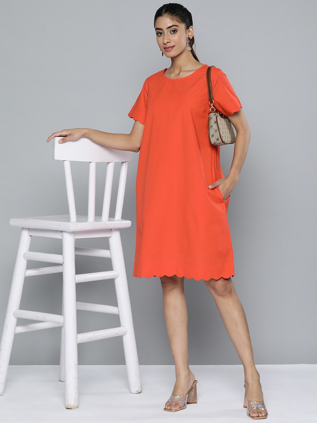 

HERE&NOW Solid Cotton A-Line Dress, Red