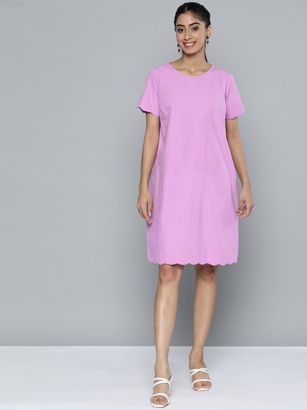 

HERE&NOW Solid Cotton A-Line Dress, Purple