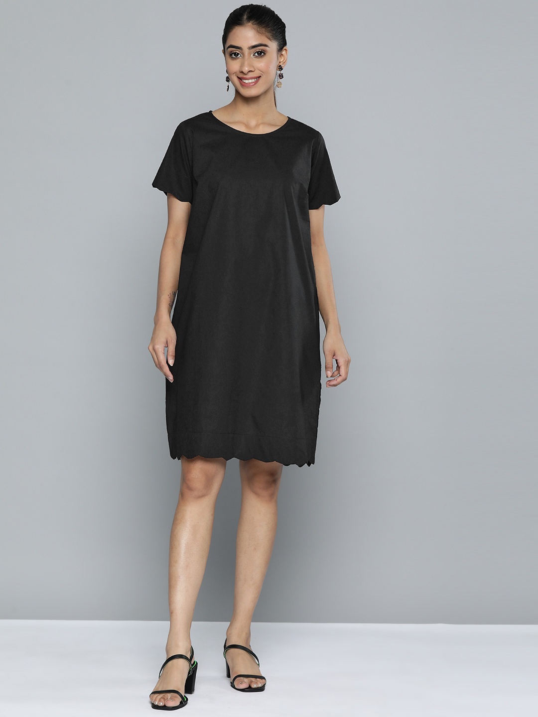 

HERE&NOW Solid Cotton A-Line Dress, Black