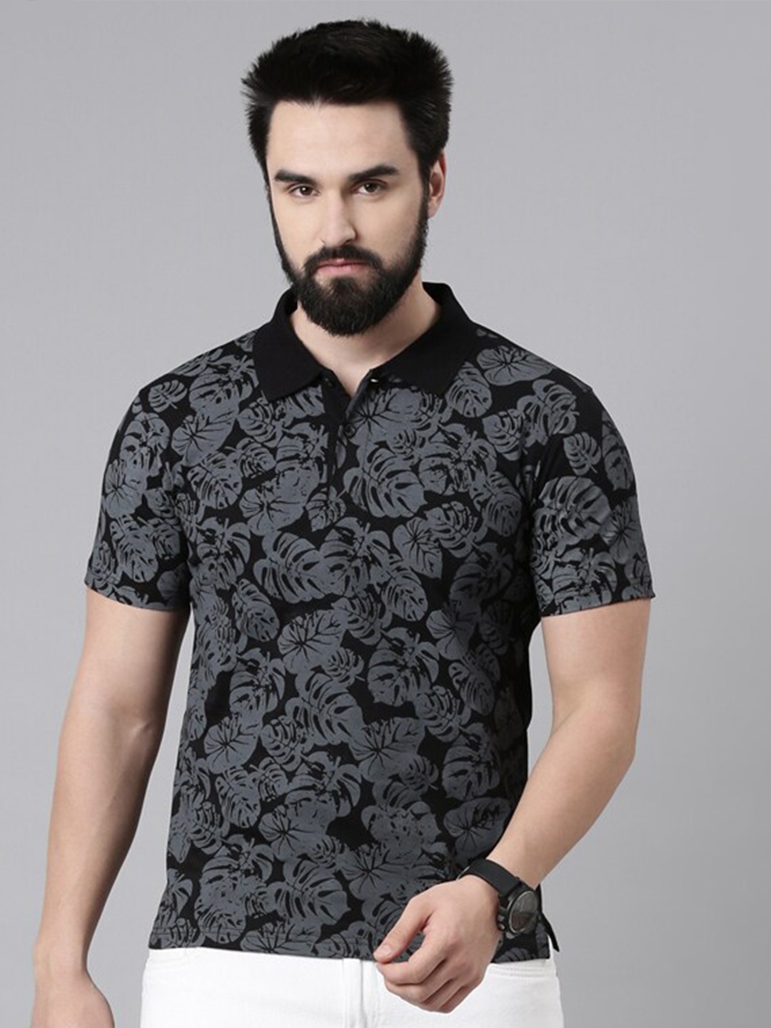 

Kryptic Floral Printed Polo Collar Pure Cotton T-shirt, Black