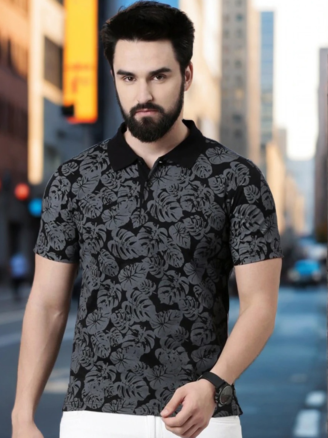 

Kryptic Floral Printed Polo Collar Pure Cotton T-shirt, Black