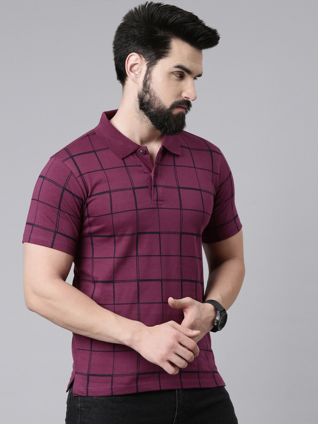 

Kryptic Checked Polo Collar Pure Cotton T-shirt, Burgundy