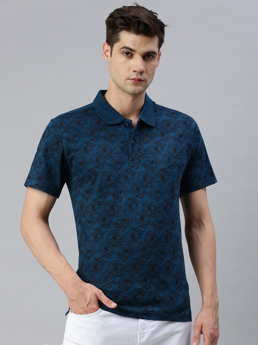 

Kryptic Floral Printed Polo Collar Pure Cotton T-Shirt, Teal