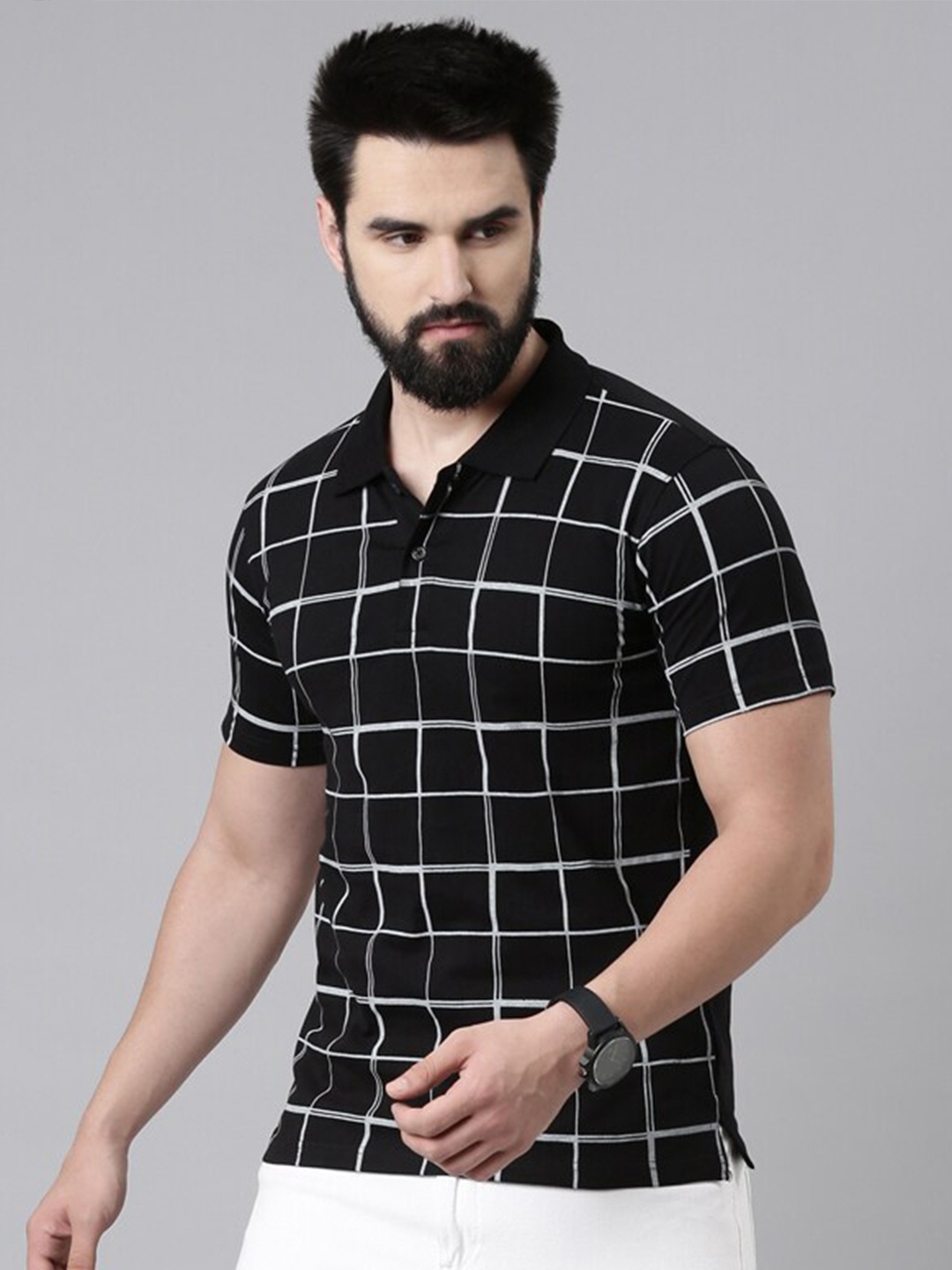 

Kryptic Pure Cotton Checked Short Sleeves Polo Collar T-shirt, Black