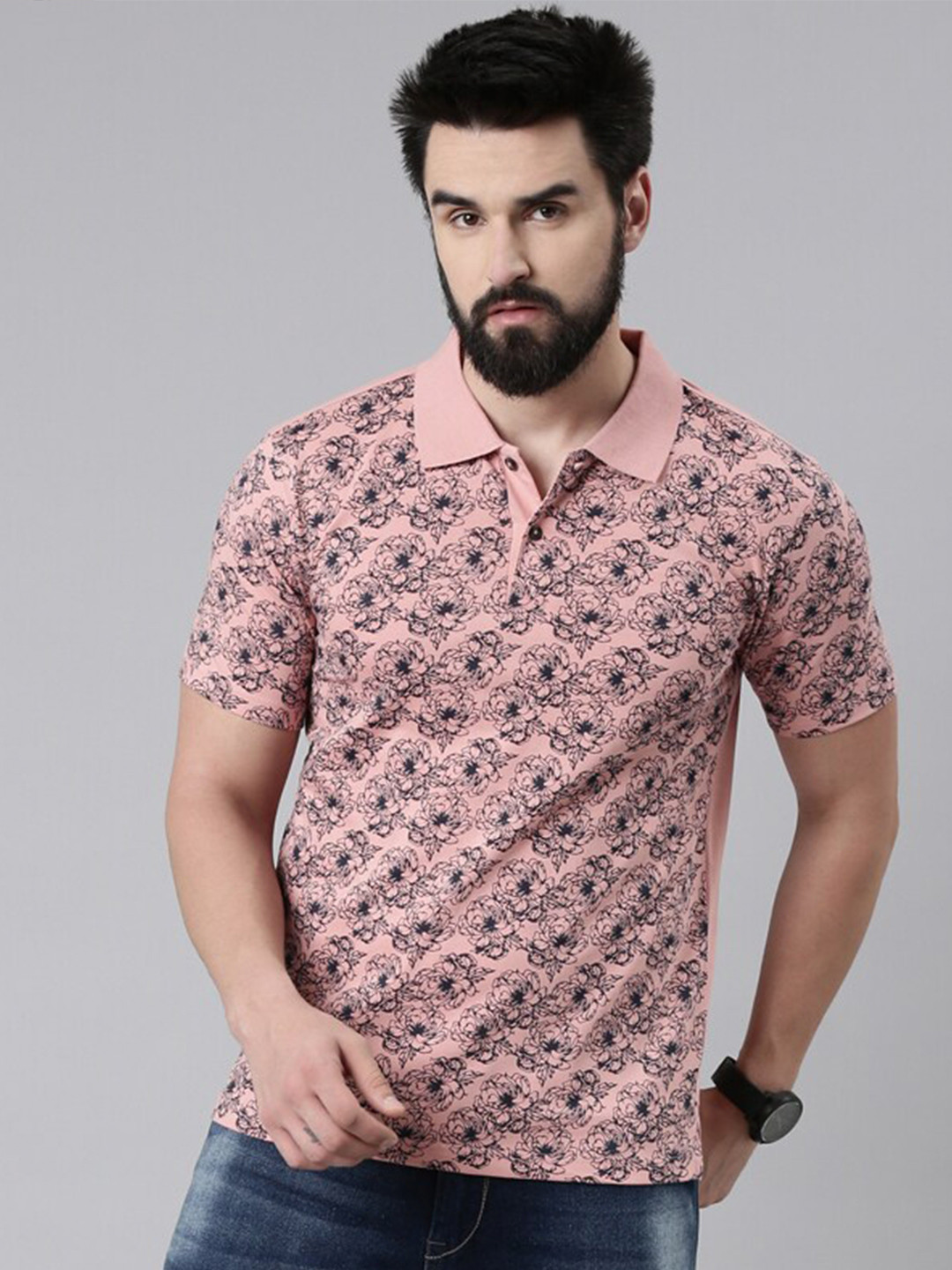 

Kryptic Floral Printed Pure Cotton Polo T-Shirt, Pink