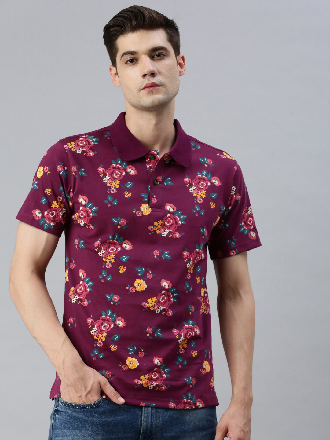 

Kryptic Floral Printed Polo Collar Pure Cotton T-shirt, Maroon