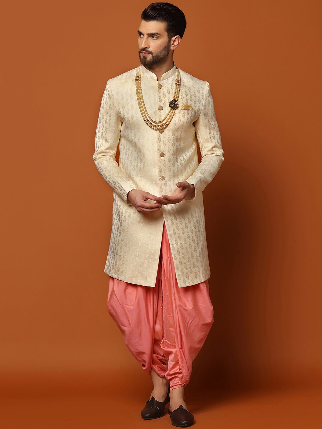 

KISAH Men Self-Design Cotton Indowestern Sherwani Set, Cream