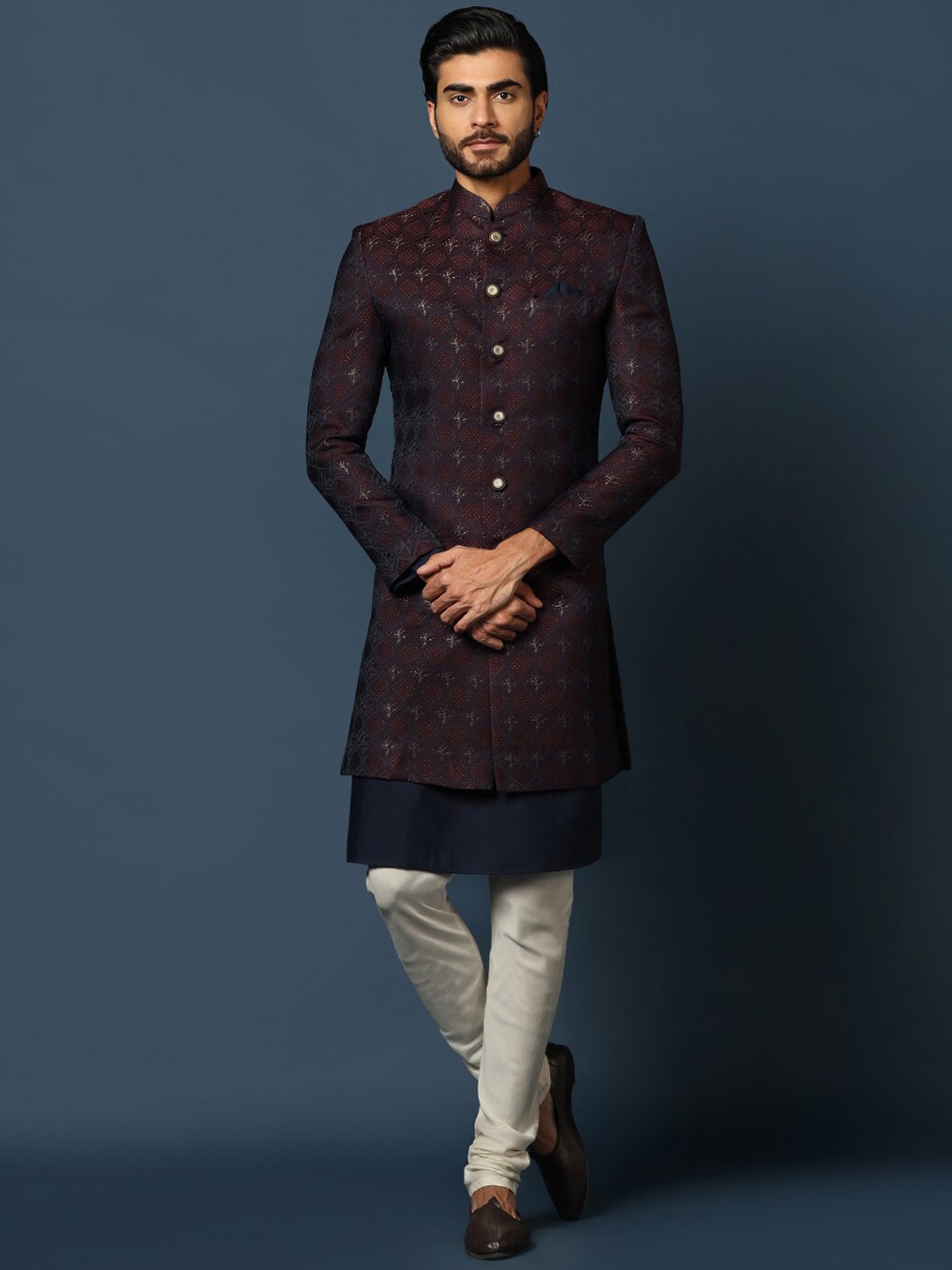 

KISAH Men Cotton Kurta & Indowestern Sherwani with Churidar Set, Purple
