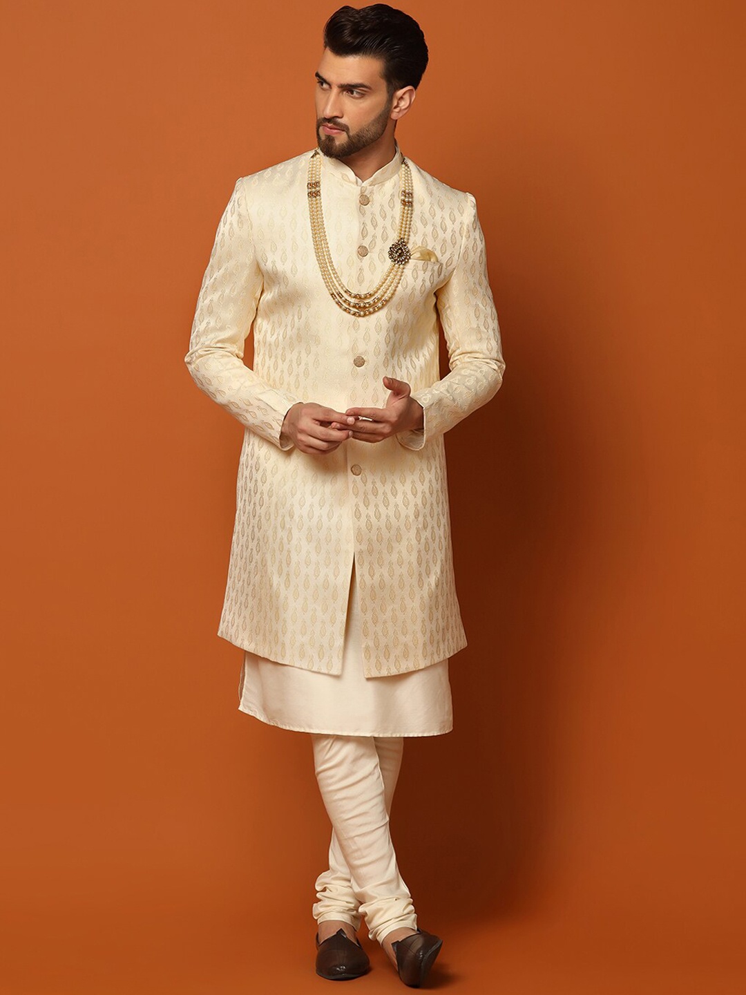 

KISAH Woven-Design Cotton Sherwani Set, Peach