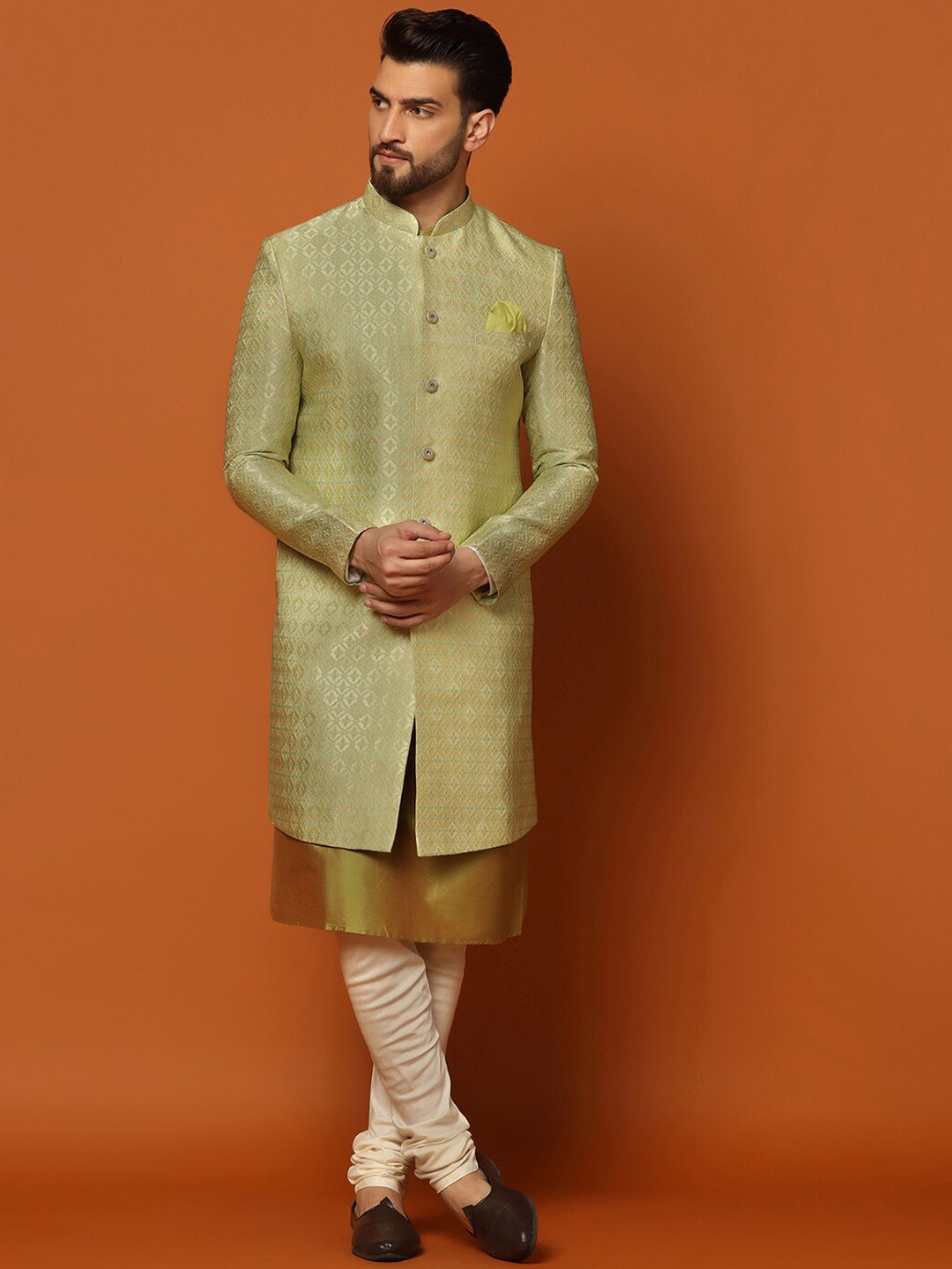 

KISAH Men Woven Design Cotton Kurta & Indowestern Sherwani with Churidar Set, Green