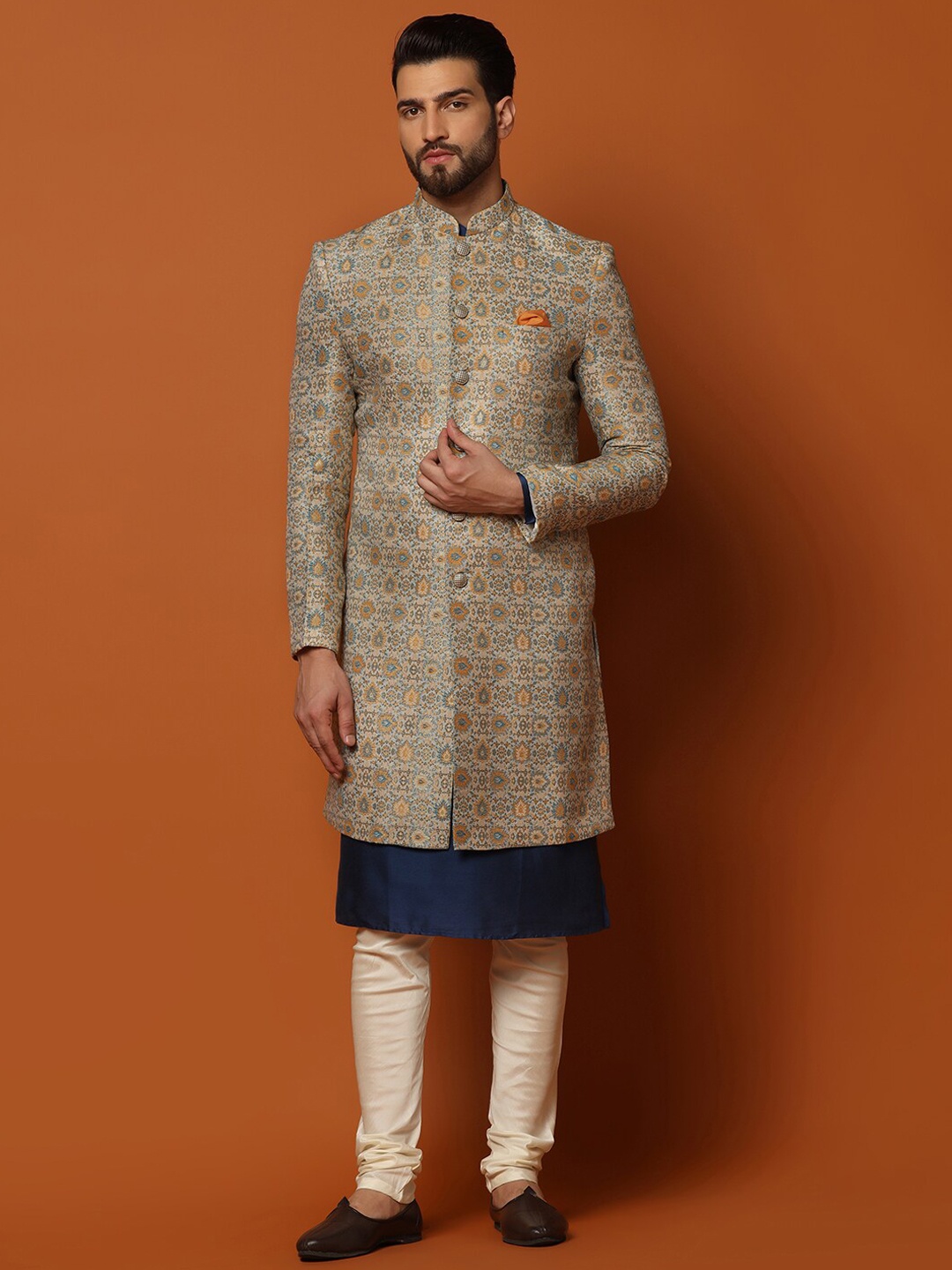 

KISAH Men Woven-Design Cotton Indowestern Sherwani Set, Cream