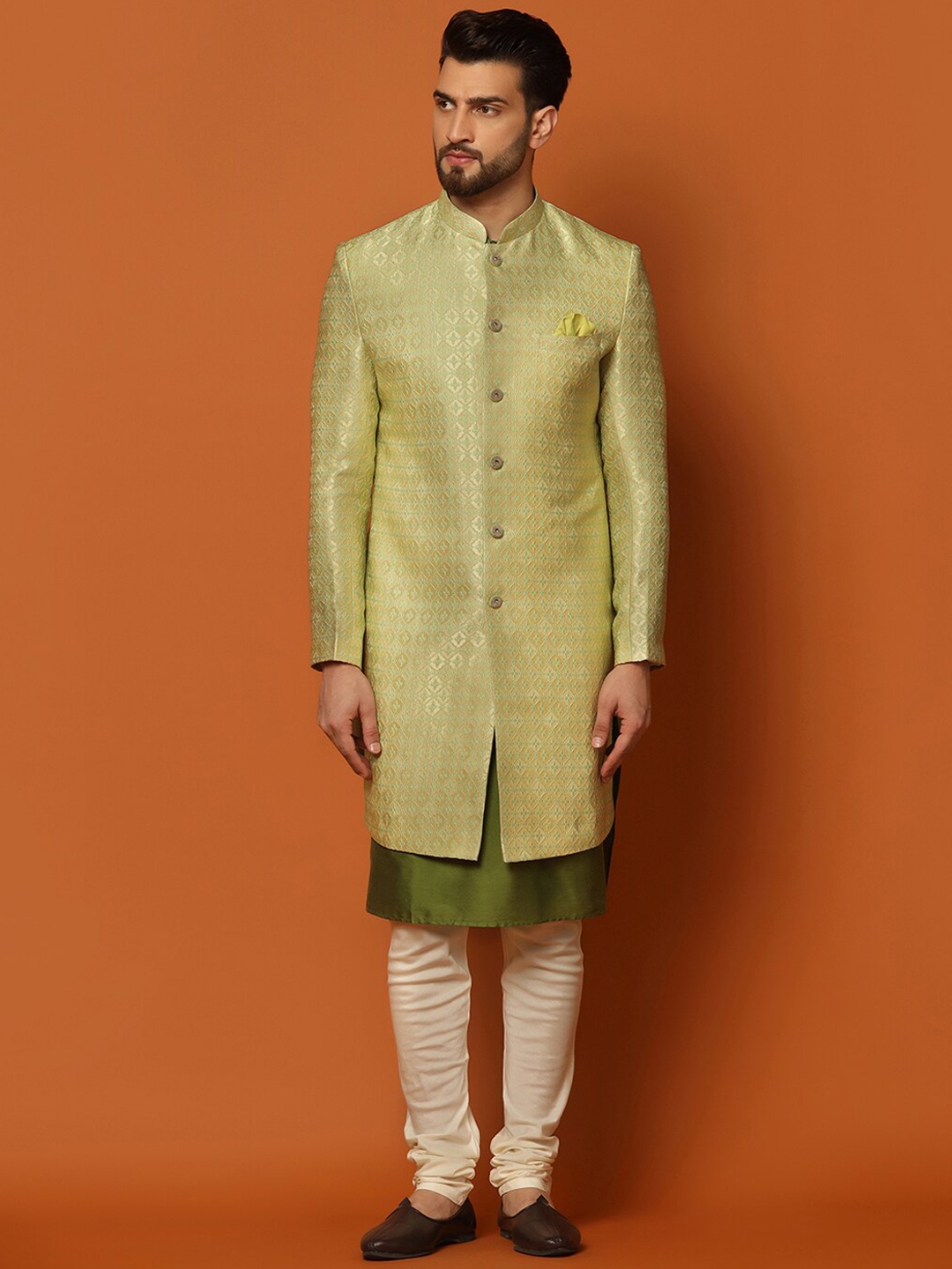 

KISAH Men Woven Design Cotton Indowestern Sherwani Set, Gold